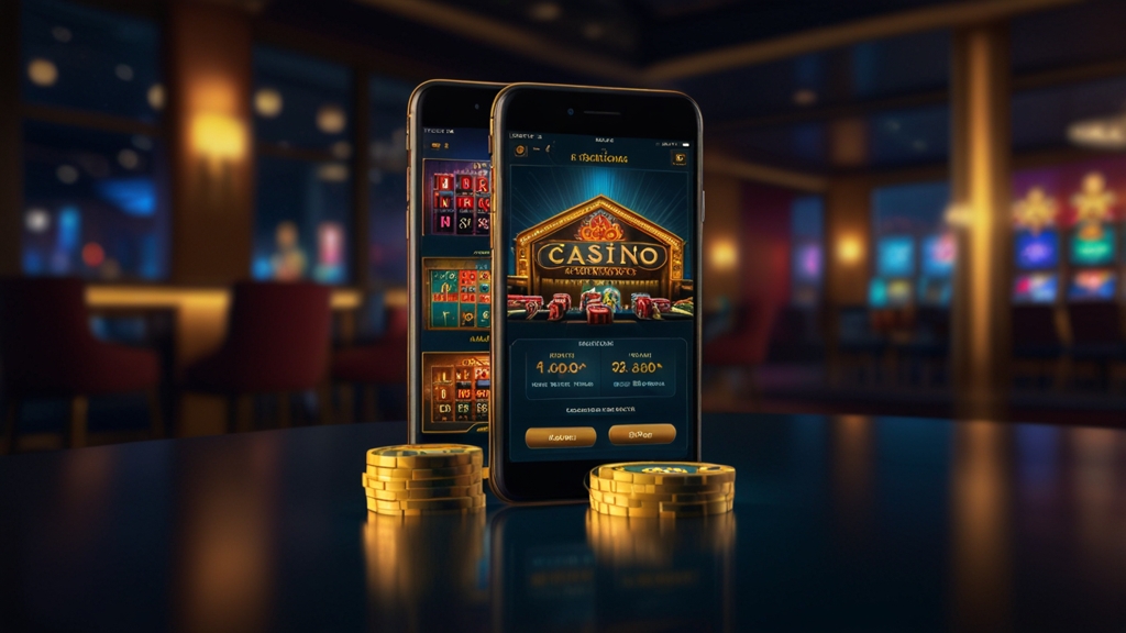 Telefon cu interfața mobilă a aplicației Nnv Casino într-un decor de cazino